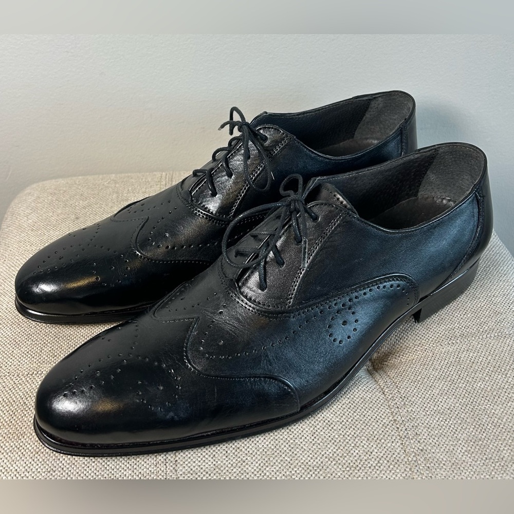 Bespoke Handmade Genuine Black Leather Oxford Lace Up Wingtip Mens Dress Shoes